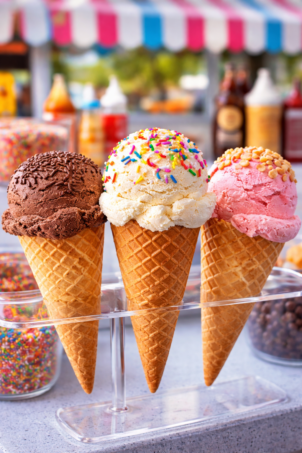 Ice cream concession stand with cones and sundaes